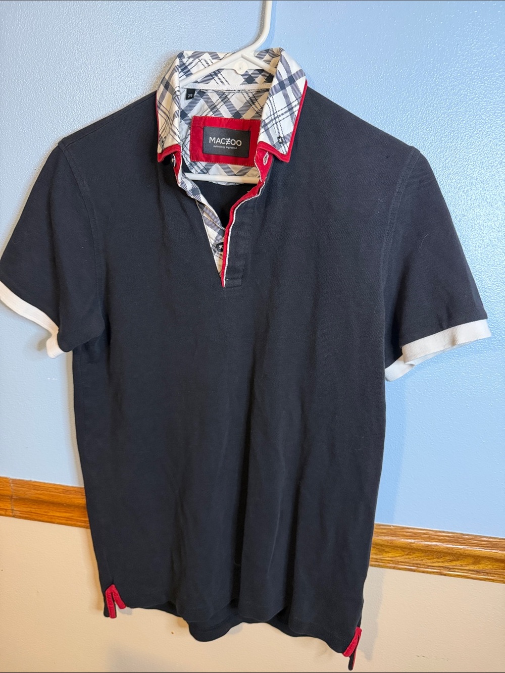 Maceoo Luxury Men's Small Black Polo Shirt Plaid Trim Dress Collar Sz 2 EUC